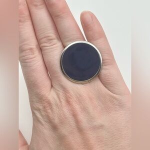 Large Navy Blue Circular Silver Tone Ring—Size 6 (Adjustable)